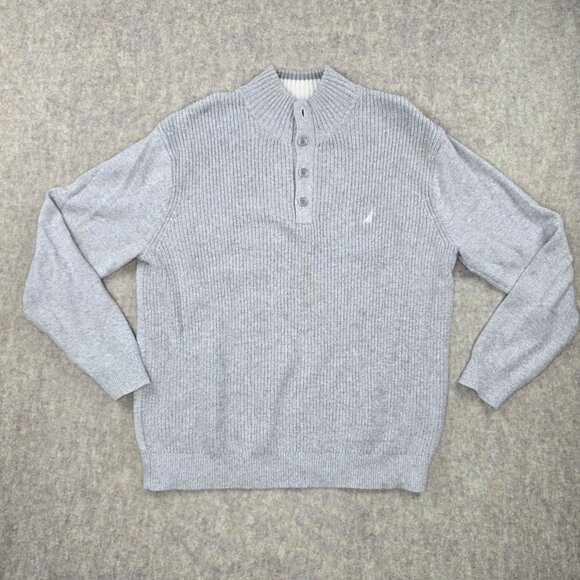 Nautica XL Gray Ribbed Cotton Mens Sweater With Button Collar - Picture 1 of 7